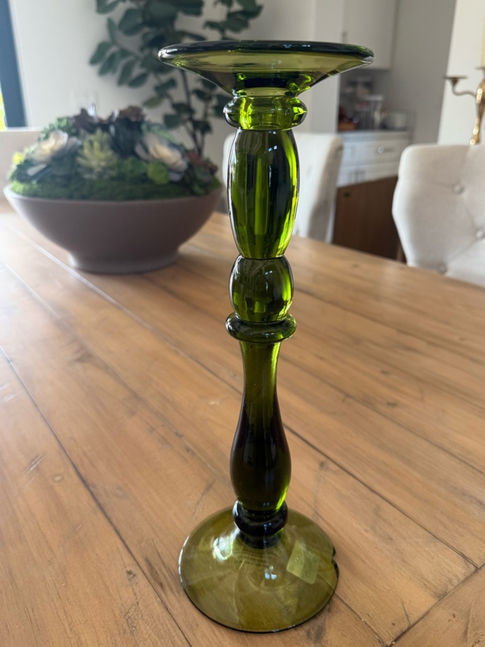 Pottery Barn Green Glass Candlestick Holder Tall 14” Taper Pillar